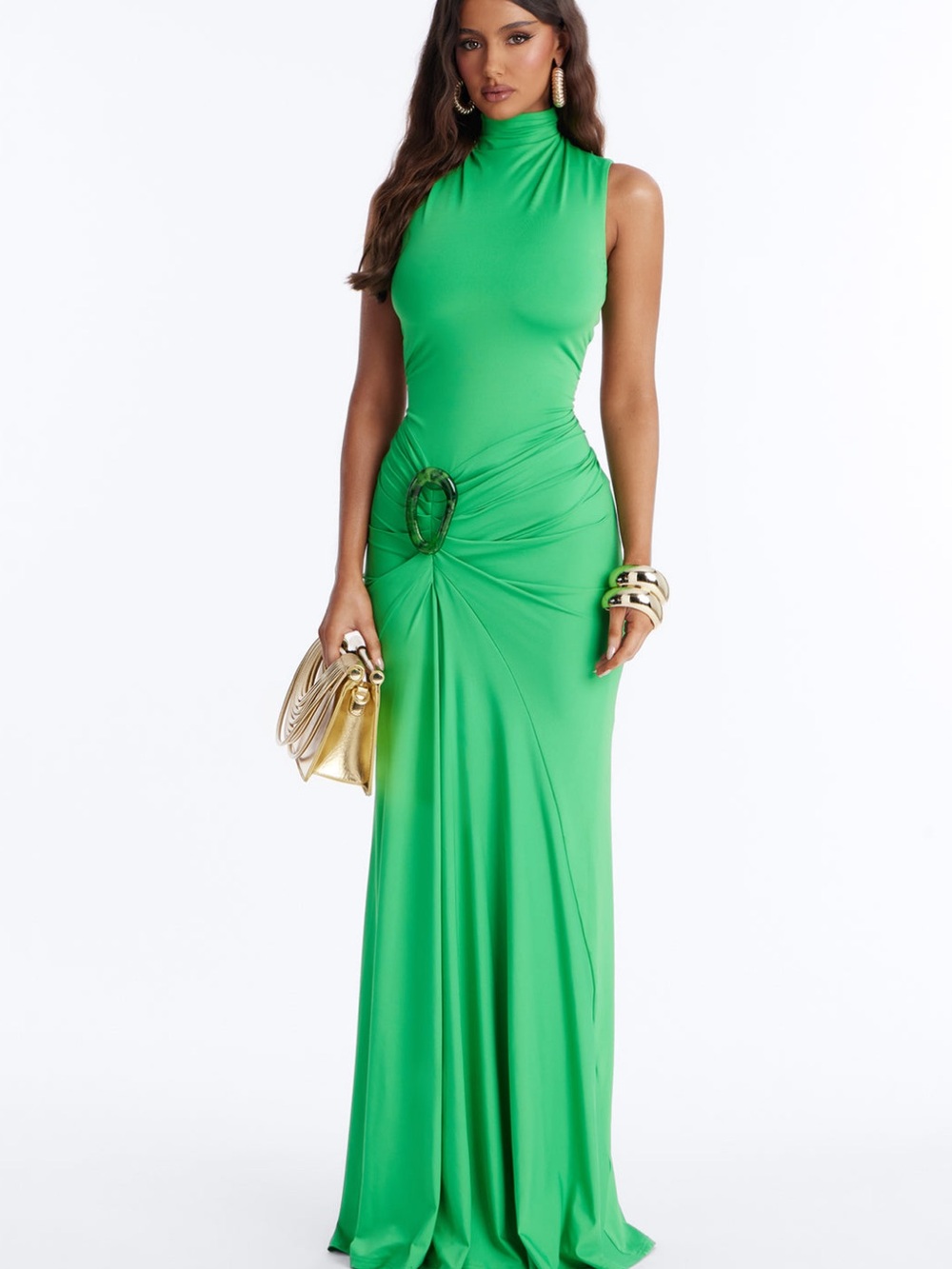 Fashion Nova Kelly Green High-Neck Maxi Dress with Hardware Ring